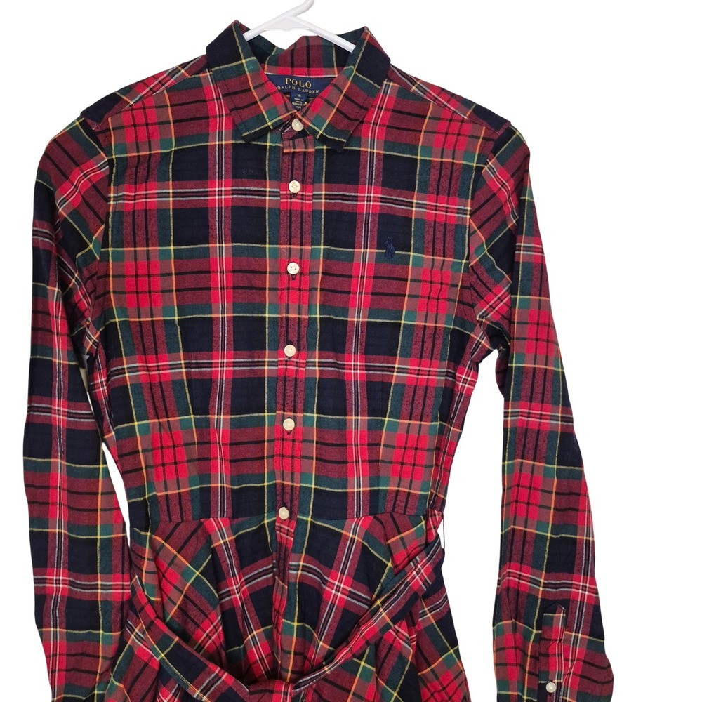 Polo Ralph Lauren Shirt Dress Girls 16 Red Tartan Plaid Belted Button Front Pony